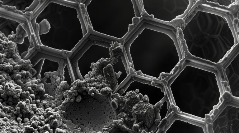 An electron microscope image of a graphene transistor with minute details of its structure visible at an atomic level. The hexagonal pattern of graphene atoms is clearly visibl